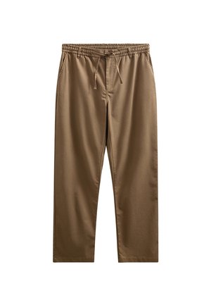 Brune afslappede bukser med elastisk talje og snøre, lige ben og sidelommer, vist fladt på en hvid baggrund.