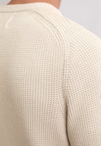 Beige gestrickter Pullover mit strukturiertem Muster, geripptem Rundhalsausschnitt und markanter Naht entlang der Schultern und Ärmel.