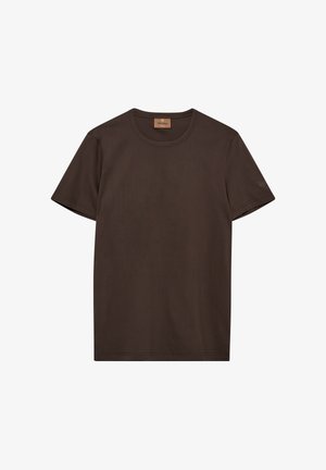 Brown, short-sleeve t-shirt made of soft fabric. Features a round neckline and a subtle logo on the sleeve. Smooth texture, simple design.