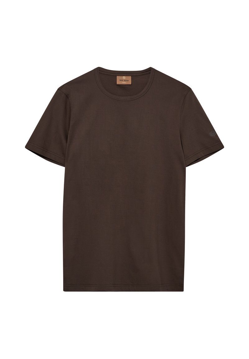 Brun, kortærmet t-shirt lavet af blødt stof. Funktioner en rund halskant og et diskret logo på ærmet. Glat tekstur, enkelt design.