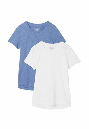 Two t-shirts stacked: one light blue with a heathered texture, the other solid white. Both feature a round neckline and short sleeves.