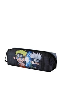 Trousse en tissu mettant en avant les personnages de Naruto et Kakashi, fond noir, avec des motifs colorés imprimés et une fermeture à glissière.