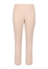 Pantalons stretch beiges avec une texture lisse, dotés d'une taille élastique, de deux poches zippées à l'avant et de détails de couture verticaux.