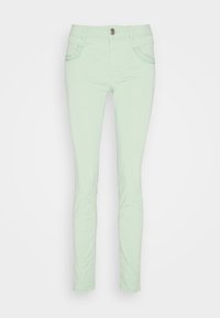 Pantalon slim vert clair pour femme avec poches avant, fermeture éclair, bouton et passants pour ceinture, présenté à plat sur fond blanc.