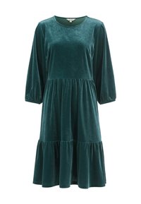 Velours groene jurk met een ronde halslijn, lange mouwen en een gelaagde, uitlopende rok. Zachte textuur met elastische manchet bij de mouwen.