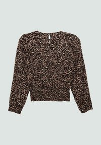 Zwarte blouse met een bloemenpatroon in roze en roomkleur, met lange mouwen, een geplooide taille en een keyhole sluiting aan de achterkant.