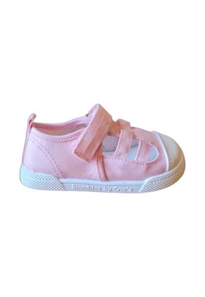 Deportivas de lona rosas con múltiples correas de Velcro, puntera de goma blanca y suela texturizada. Logo de "Blanditos by Griots" en el lateral.