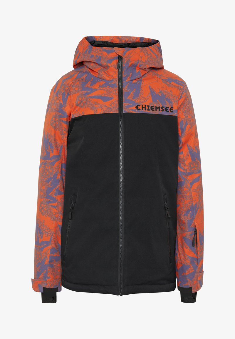 Colorful hooded jacket featuring an orange and purple patterned upper, black lower sections, zip closure, and two side pockets.
