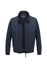 Marineblaue Jacke aus leichtem Stoff, mit durchgehendem Reißverschluss, Stehkragen und gerippten Bündchen. Innen mit grünem Akzent.