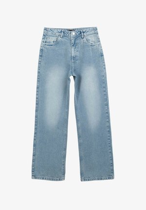 Jasnoniebieskie dżinsy z wysokim stanem i prostymi nogawkami, zapinane z przodu na guzik i suwak, z klasycznym pięciokieszeniowym stylem.