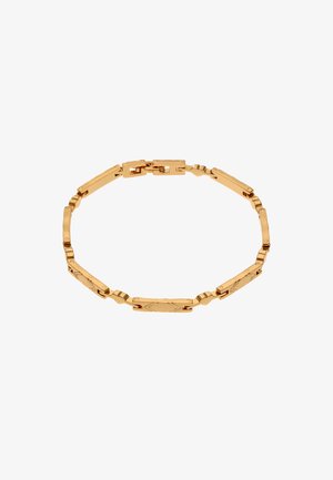 Bracciale in oro composto da anelli rettangolari interconnessi, con una superficie texturizzata e bordi lisci. Inclusa meccanismo di chiusura.