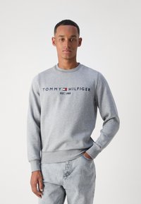 Pelēks dzemperis ar ribotām aprocēm un apakšmalu, kurā ir "TOMMY HILFIGER" logo tumši zili un sarkani. Valkāts ar gaiši pelēkiem džinsiem.
