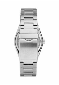 Orologio in acciaio inossidabile argentato con bracciale a maglie, finitura satinata e chiusura con la scritta "SECTOR". Cassa dell'orologio di forma rotonda.