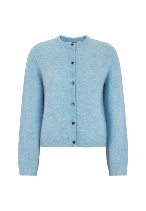 Light blue, knitted cardigan made of soft fabric. Features a round neck, long sleeves, and five brown buttons down the front.