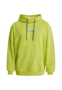 Lime green hoodie made of cotton, featuring a kangaroo pocket, black drawstrings, and blue graphic text on the chest.