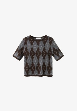 Pletený top s krátkym rukávom s argyle vzorom v tmavohnedej a sivej farbe, s rebrovaným okrúhlym výstrihom a rovný lem.