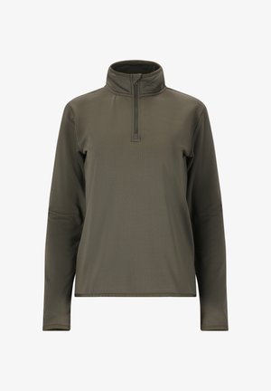 Langarm-Pullover in Olivgrün mit einem Viertel-Reißverschluss-Kragen, glatter Textur und subtilem Rautenmuster. Nahtlose Bündchen und Saum.