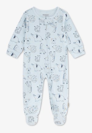 Hellblauer Baby-Schlafanzug mit Reißverschluss, bedeckt mit Cartoon-Tiermotiven einschließlich Elefanten, Löwen, Giraffen, Koalas und Tigern.