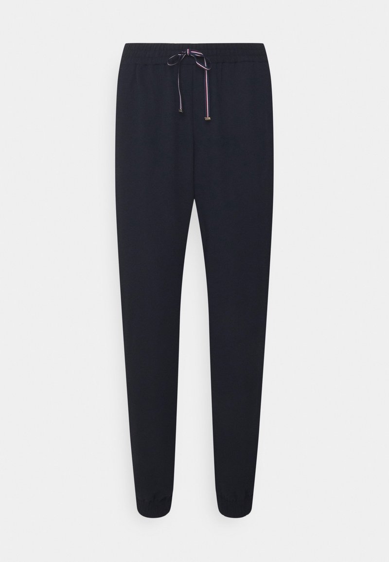 Schwarze Sweatpants mit elastischem Bund, Kordelzugdetail und elastischen Bündchen. Glatte Stoffoberfläche, elegantes Design ohne Muster.