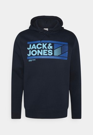 Felpa con cappuccio blu marina in cotone, con una grande stampa grafica blu recante la scritta "JACK & JONES" e dettagli a righe sul davanti.