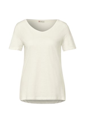 Witte T-shirt met korte mouwen, een ronde halslijn en een lichtgebogen zoom, weergegeven op een effen achtergrond.