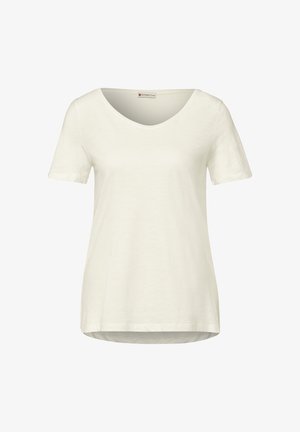 T-shirt blanc à manches courtes avec un col rond et un ourlet légèrement arrondi, présenté sur un fond uni.