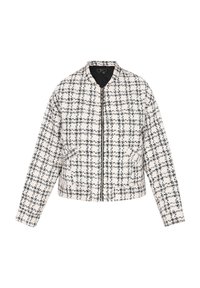 Fehér és fekete kockás bomber dzseki, texturált anyag, cipzáras záródás, kerek nyak, oldalsó zsebek, cropped fazon, modern dizájn.