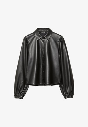Black faux leather shirt with a button-up front, pointed collar, and puffed long sleeves. Smooth texture, cropped design, and minimalist style.