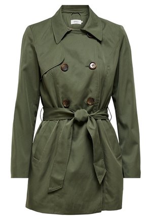 Olive green double-breasted trench coat with wide collar, brown buttons, tied waist belt, and two front pockets.