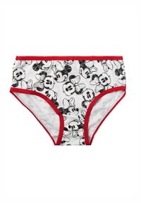 Shorts in cotone a forma di boyshort con uno sfondo bianco, stampa nera di Topolino e Minnie, e bordi elastici rossi lungo la vita e le gambe.