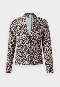Blazer pour femme imprimé léopard, manches longues, col à revers et deux boutons devant, fond beige avec taches noires et marron.