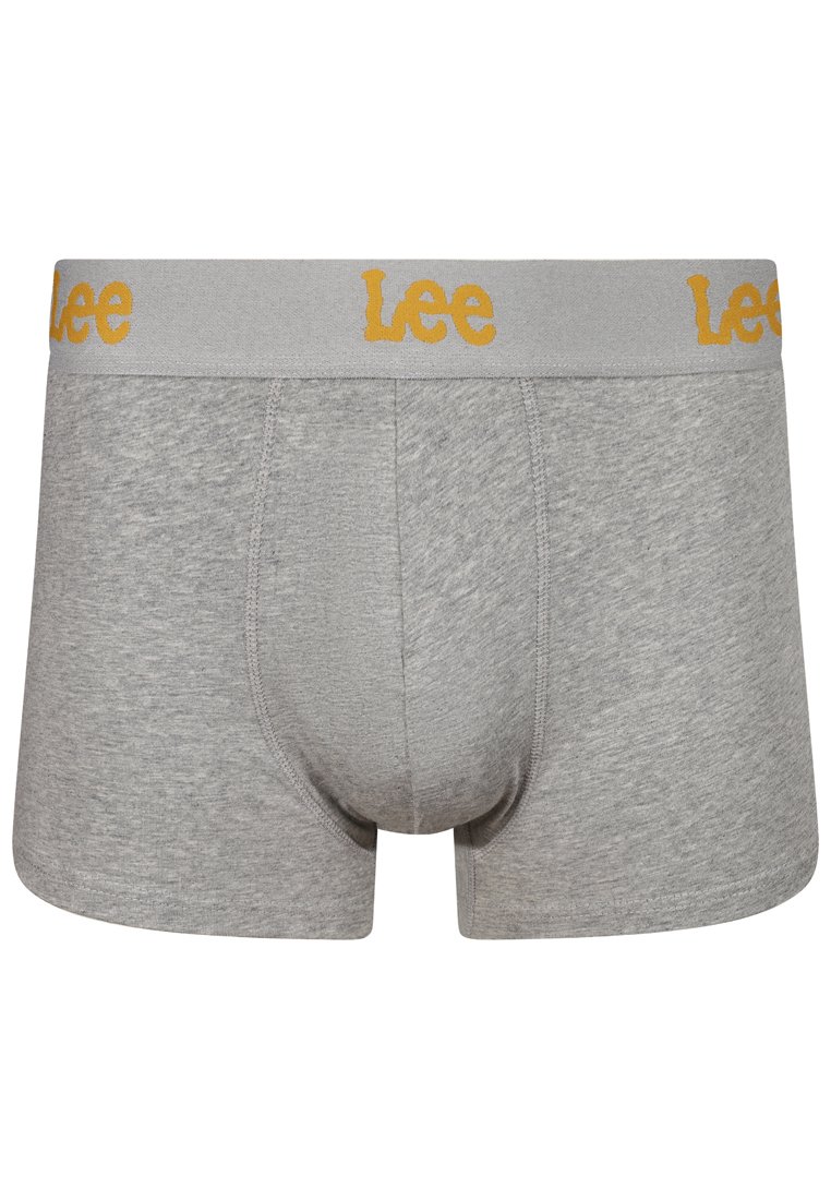 Szare bawełniane bokserki o dopasowanym kroju, z miękkim paskiem w talii z żółtym logo "Lee". Gładka tekstura i brak widocznych wzorów.