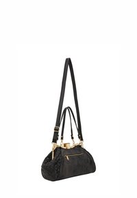 Black handbag with a mix of suede and woven textures. Features gold hardware, a front zipper pocket, and dual handles with an adjustable strap.