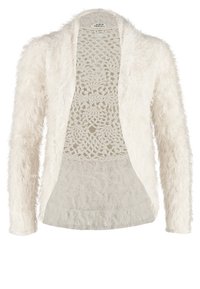 Hvid, fluffy cardigan med lange ærmer, der har en blød, tekstureret yderside og en hæklet detalje ved halsudskæringen. Let stof.