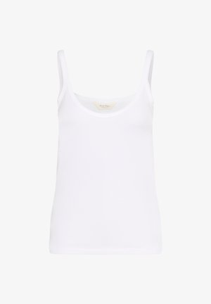 Bela majica brez rokavov z tankimi naramnicami, izdelana iz mehkega džersija. Ima okroglo izrezano ovratnik in oprijet silhueto. Brez vidnih vzorcev ali akcentov.