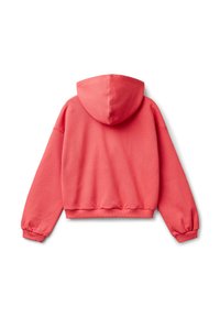 Coral pink cropped hoodie featuring a drawstring hood, relaxed fit, and ribbed cuffs and hem with smooth texture. Back view shown.