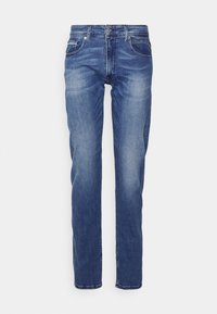 Klassieke blauwe denim jeans met een rechte pasvorm. Heeft een knoopsluiting, vijf zakken en een lichte vervaging voor een versleten look.
