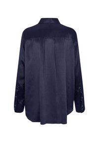 Dunkelblaues Langarmshirt aus glattem Stoff mit Rückenpasse und Falten, mit knopfgeschlossenen Manschetten und klassischem Kragen.