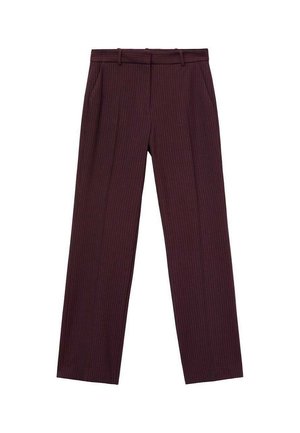 Bordeauxkleurige broek met verticale streepdessin, gemaakt van een gladde stof. Heeft een rechte voorkant, zakken en een op maat gemaakte snit met een rechte pijp.