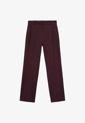 Bordeauxkleurige broek met verticale streepdessin, gemaakt van een gladde stof. Heeft een rechte voorkant, zakken en een op maat gemaakte snit met een rechte pijp.