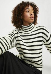Pull à col roulé rayé noir et blanc en tricot épais. Doté d'un col côtelé et de manches longues, porté avec une jupe noire.