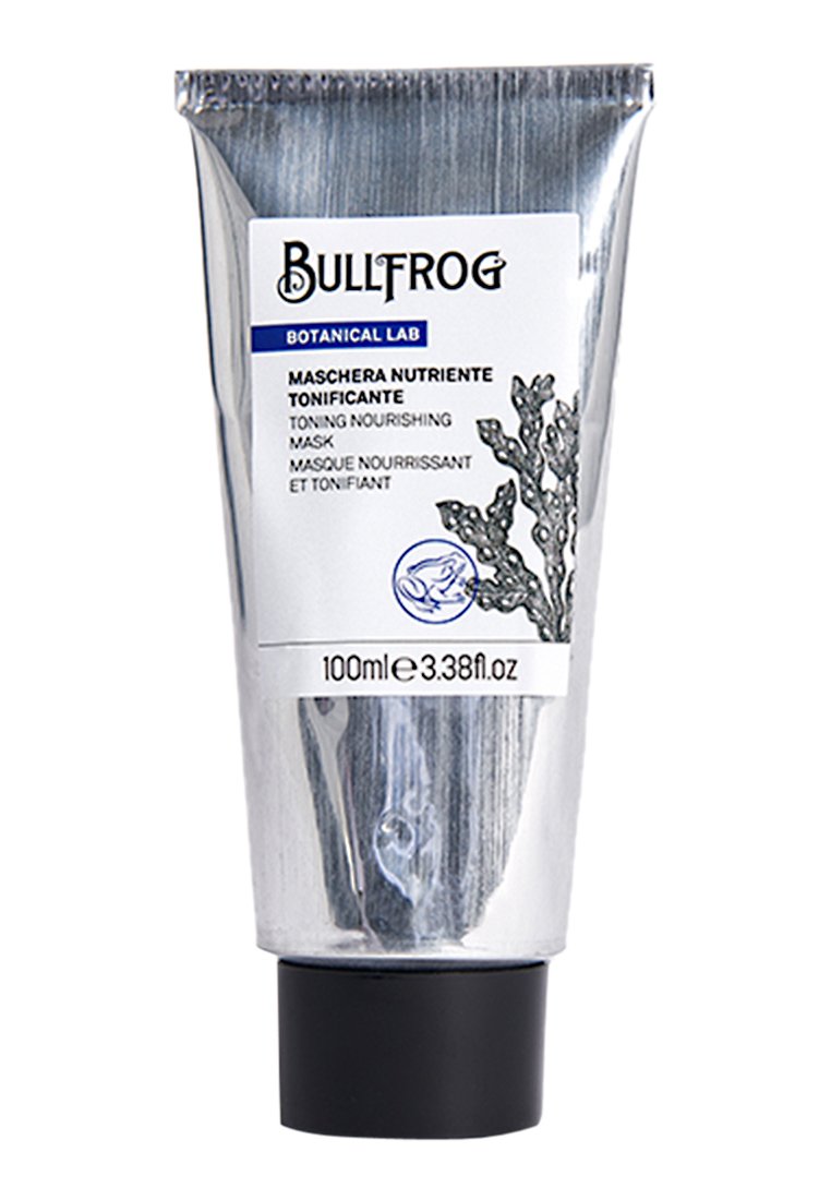 Silberner Kunststofftube mit schwarzem Boden, beschriftet mit "Bullfrog Botanical Lab." Zeigt Grafiken von Algen und enthält 100 ml einer tonisierenden nahrhaften Maske.