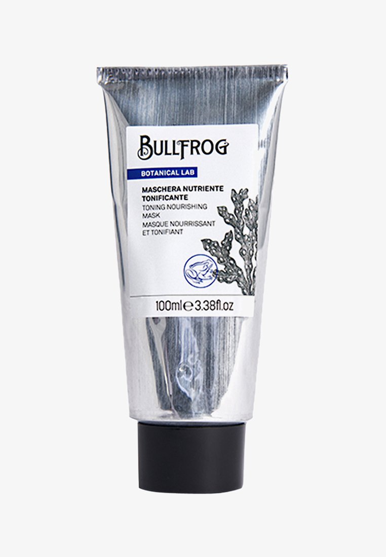 Silberner Kunststofftube mit schwarzem Boden, beschriftet mit "Bullfrog Botanical Lab." Zeigt Grafiken von Algen und enthält 100 ml einer tonisierenden nahrhaften Maske.