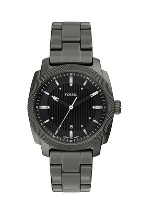 Men's Fossil black stainless steel analog wristwatch with textured bezel, black dial, silver hour markers, and date display at six o'clock.