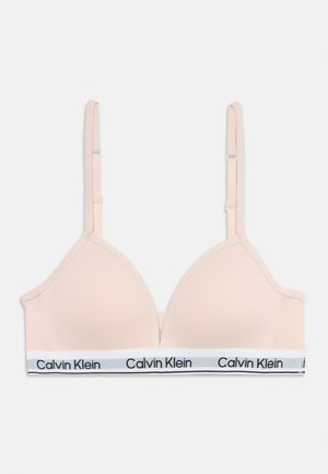 Ανοιχτό μπεζ bralette με ρυθμιζόμενους λεπτούς ιμάντες και λευκή ελαστική ταινία με επαναλαμβανόμενα μαύρα λογότυπα "Calvin Klein".