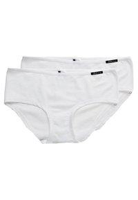 Witte katoenen sliponderbroek, met een gladde textuur, elastische tailleband en zwarte logo-details. Twee paar zichtbaar, vooraanzicht.