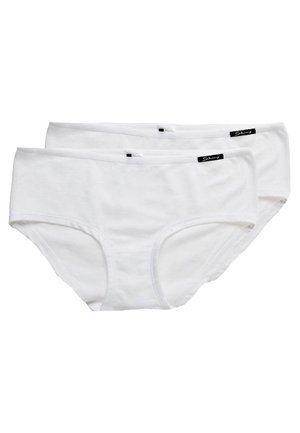 White cotton brief underwear, featuring a smooth texture, elastic waistband, and black logo detailing. Two pairs visible, front view.
