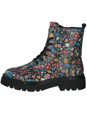 Black floral patterned ankle boots with a thick rubber sole, featuring multicolored flowers, black laces, and a logo-embossed band.