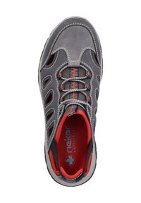 Gray shoe with red accents, mesh top, and elastic laces. Features cut-out sides and reinforced stitching. Soft inner lining marked "Antistress."