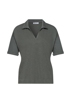 Chemise polo à manches courtes gris foncé avec poignets retroussés et col en V, étiquetée Street One.